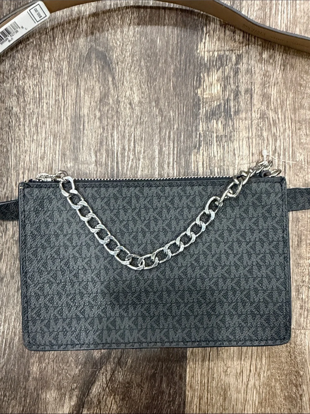 Michael Kors Black Logo-Print Belt Bag with Silver Chain